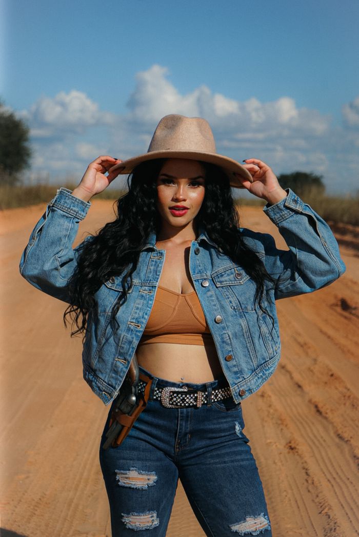 gallery-03 Woman in cowboy hat and denim jacket posing on a rural road under a clear sky.
